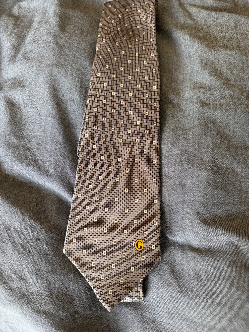 Gucci Brown Micro-Pattern Silk Tie with Yellow Accent